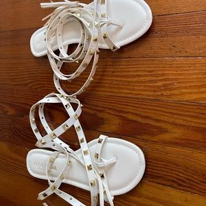 White sandals with gold studs. Never worn